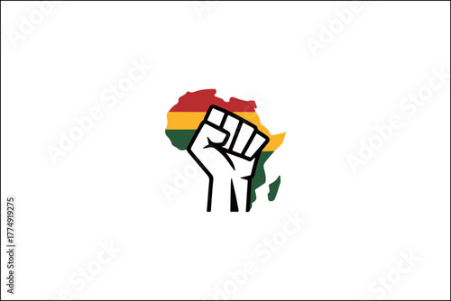 Raised fist over the map of Africa decorated with Pan-African red, yellow, and green stripes symbolizing unity and liberation.