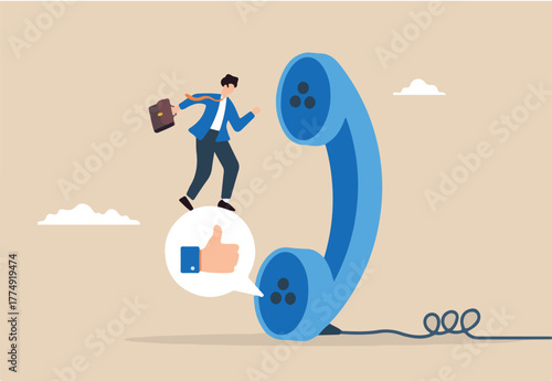 Flat illustration of sales agent entrepreneur talks on telephone call and stand on thumbs up feedback promoting to clients and generating leads or prospect