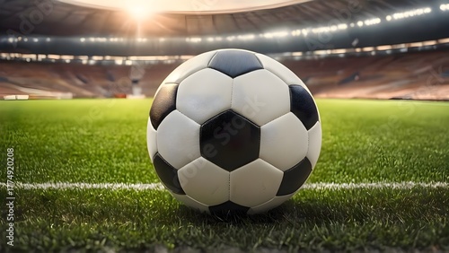 Soccer ball resting on fresh green grass within a bright stadium backdrop, placed on a sports field during preparation for match play with soft natural light enhancing vibrant outdoor scene