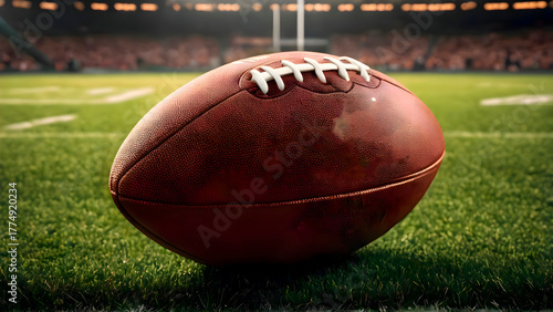 Close view of rugby ball placed on sports field with detailed texture on ball and fresh turf visible, capturing calm moment before intense outdoor match and dynamic athletic performance