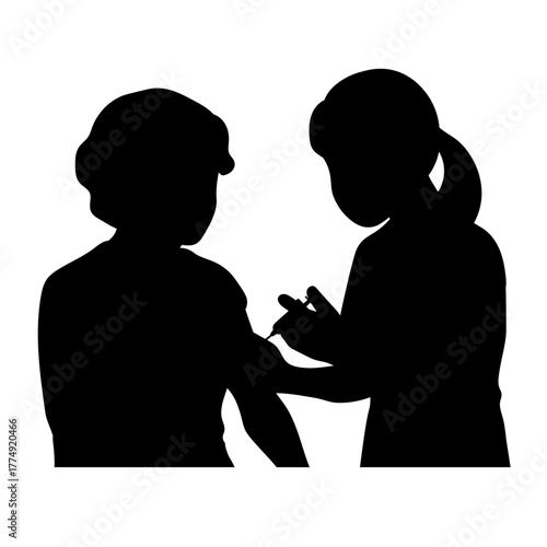 看護師が女性に注射を行うシルエットイラスト