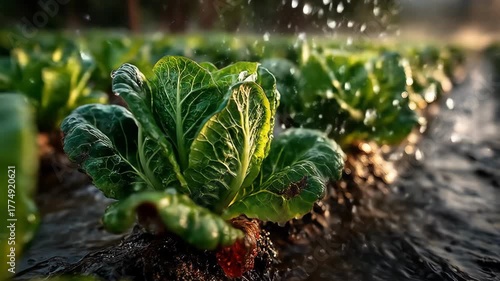 Watering Fresh Green Cabbage Plants in an Agricultural Field.