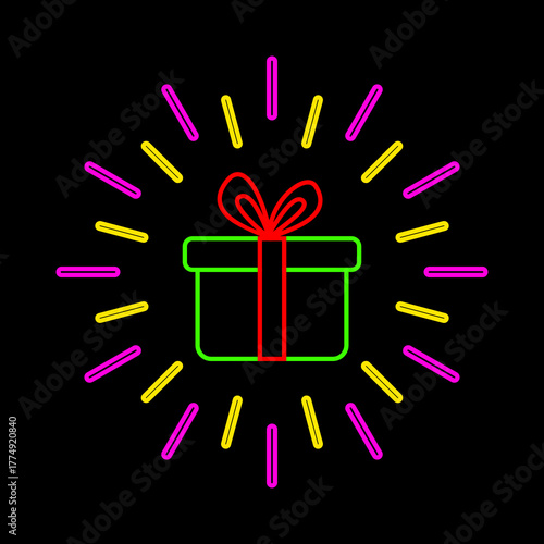 Neon Gift Box with Glow Effect on Black Background. Holiday Present Sign in Bright Line Style.