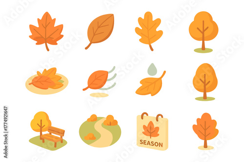Autumn collection: flat design icons of leaves, trees, and nature elements