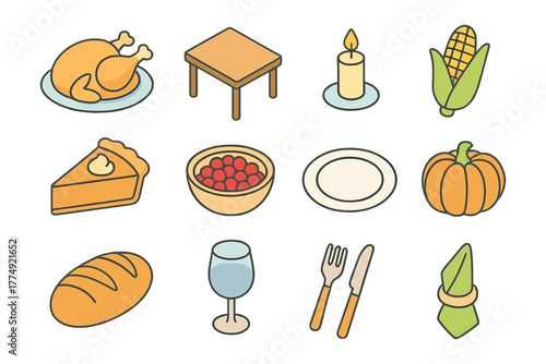 Thanksgiving dinner icons set featuring traditional foods and tableware in flat style