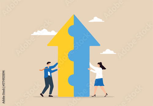 Two businesspeople connecting arrow puzzle pieces illustrating merger and acquisitions, partnership, or collaborative efforts. Concept of working together towards success, finding solutions for growth