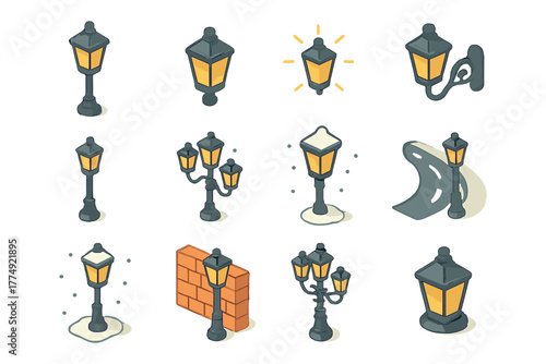 Isometric street lamps collection: snow, light, and brick wall elements
