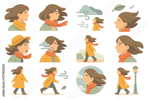 Flat design of woman walking in windy weather with scarf and coat