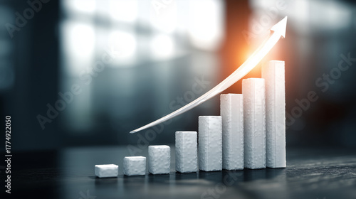 Corporate finance concept with increasing bar chart and arrow showing profit growth, business strategy, market performance and positive economic outlook