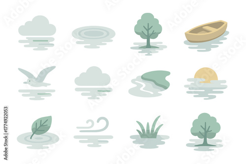 Minimalist water elements and nature icons in soft pastel tones