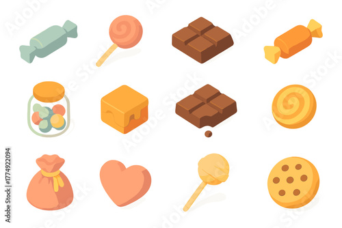 Colorful set of assorted sweets and treats in isometric style