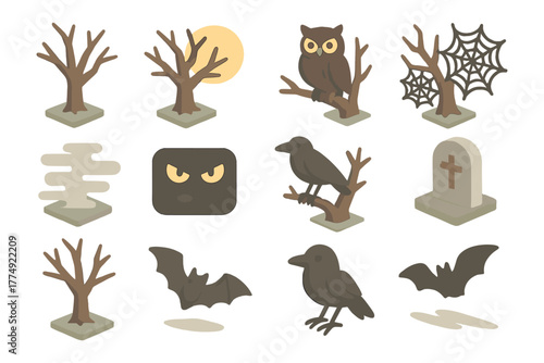 Isometric halloween icons: trees, owl, crow, bats, web, tombstone for spooky designs