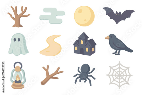 Spooky halloween elements: ghosts, bats, and haunted houses in flat design