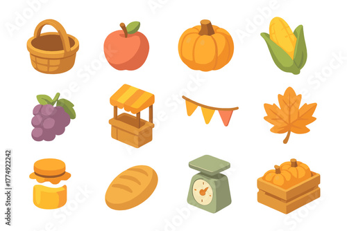 Autumn harvest icons: seasonal produce and festive elements in flat design
