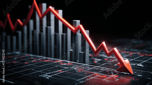 Futuristic falling bars and a sharp orange arrow illustrate shrinking economic results, conveying uncertainty and stock market instability