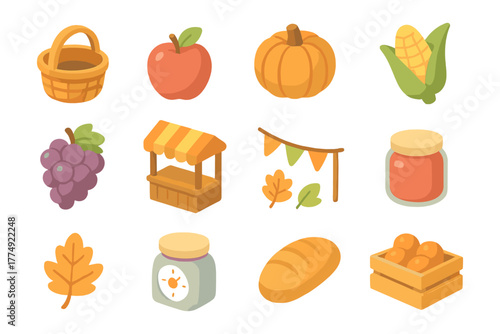 Autumn harvest icons with bounty of seasonal produce and farm stand elements