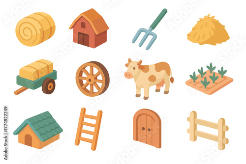 Isometric farm objects: tools, animals, and buildings for agriculture design