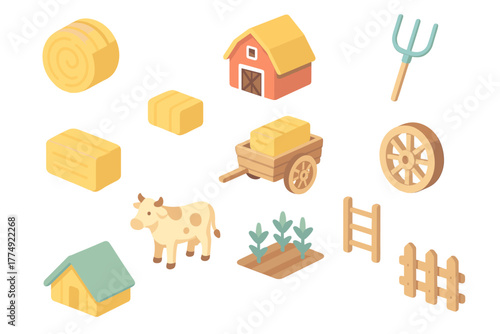 Charming farm set with 3d icons of barn, cow, and hay bales for agricultural themes