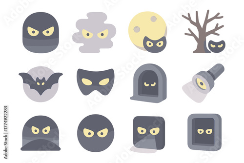 Spooky halloween icon set: mysterious masks, bats, and ghostly shapes in flat design