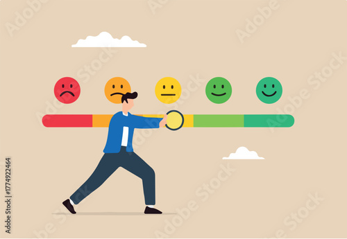 Man trying to push customer feedback bar to be excellent smile