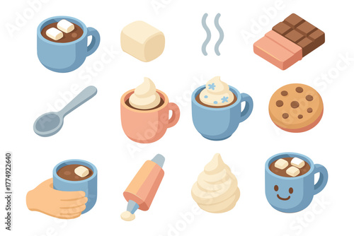 Cozy beverage and snack elements in isometric view for winter comfort