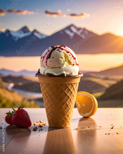 Ice cream cone with vanilla scoop against scenic mountain sunset, frozen dessert, food and travel
