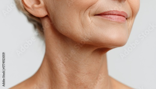 Signs Of Skin Aging In The Lower Part Of An Elderly Woman'S Face And Neck On A White Background. Age-Related Changes In Facial Skin, Sagging And Flabby. Beauty And Cosmetology.
