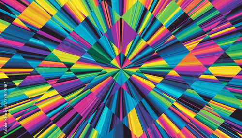 Stunning fusion of vivid geometric shapes and radiant color arranged in kaleidoscopic diamond pattern. Colorful spectrum of bright rays converge in dynamic symmetry for wall art, poster, print. Vector