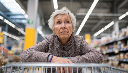 Concerned Senior Woman In Grocery Store Feeling Anxious About Increasing Prices While Navigating Through Aisles With Her Shopping Cart.
