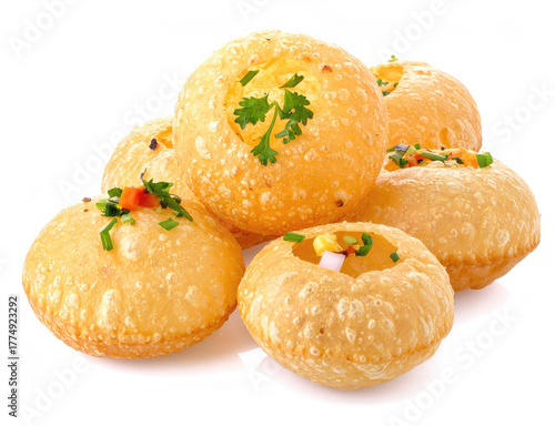 Indian street food panipuri isolated on white background, traditional indian snack, food photography
