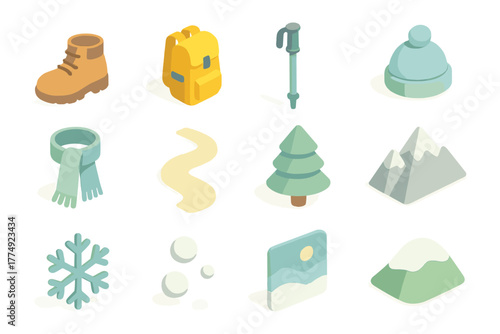 Isometric hiking and winter icons: gear, nature, and adventure elements