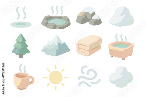 Cozy winter spa icons featuring hot springs, snowy mountains, and warm beverages