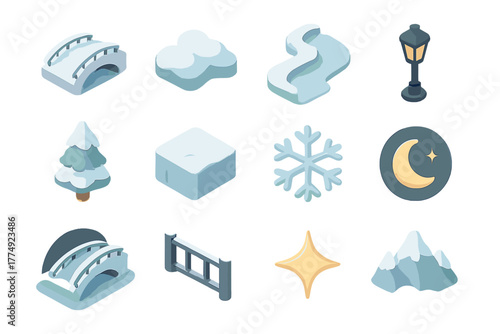 Isometric winter icons: snowflake, mountain, lamp post, tree, cloud, bridge, star, moon