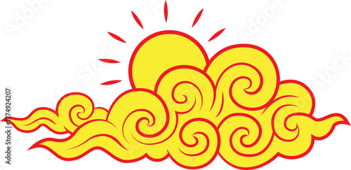 sky sun cloud golden yellow red asia china japan styls flat illustration design