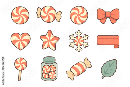 Colorful candy icons set with peppermints, lollipop, ribbon, and leaf