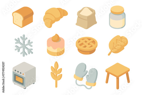 Isometric bakery icons set with bread, pastry, and baking tools