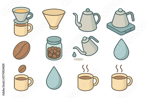 Coffee brewing icons set: flat design with cups, beans, and kettles