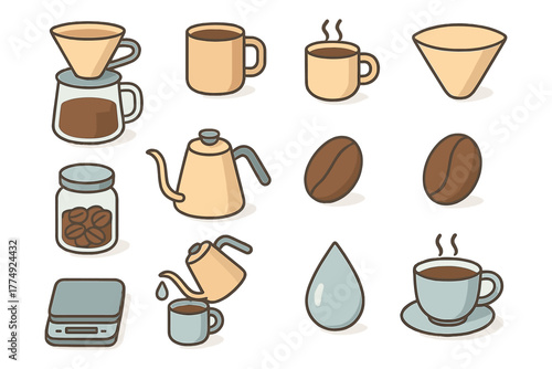 Coffee essentials: flat icons of brewing equipment and beans