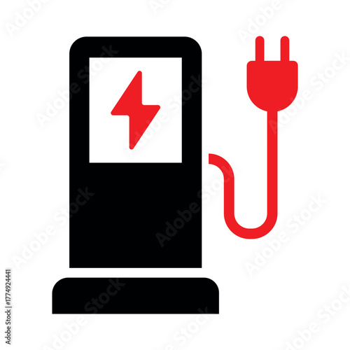 Electric vehicle charging station icon with red plug and lightning symbol for EV infrastructure