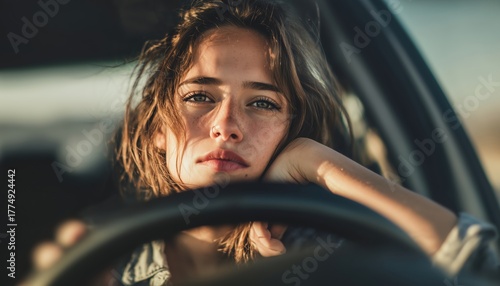 Depressed And Anxious Female Driver: Young Woman Driving Car With Anxiety And Fatigue, Feeling Unhappy And Miserable On The Road