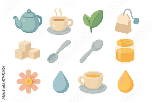 Tea time essentials in soft pastel: teapot, cup, honey, and more