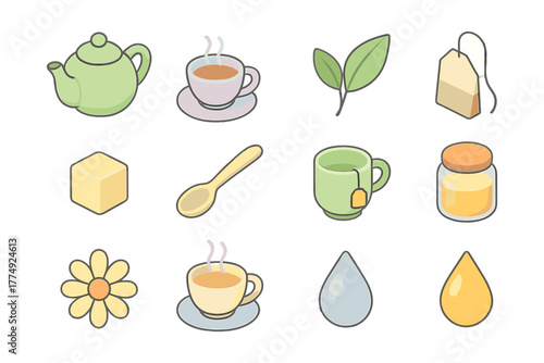Charming tea elements with delicate pastel colors and minimalist design