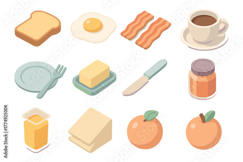 Isometric breakfast icons: eggs, bacon, coffee, toast, and more