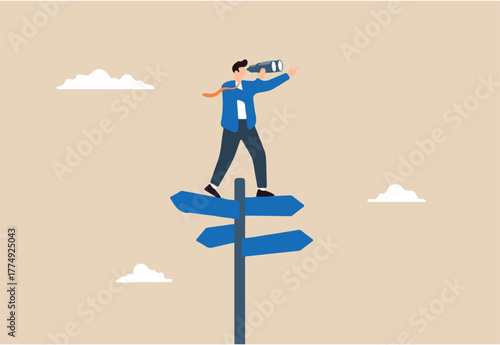 Businessman looks through binoculars to discover solution, illustrating search for right direction, business opportunities, or path to success. Concept of making decisions and envisioning the future