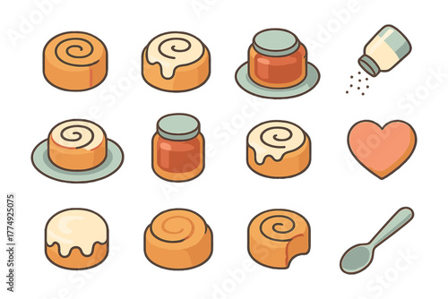 Cinnamon roll icons with sweet toppings and simple design