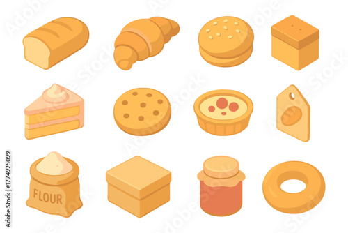 Assorted isometric bakery items: bread, croissant, cake, and more