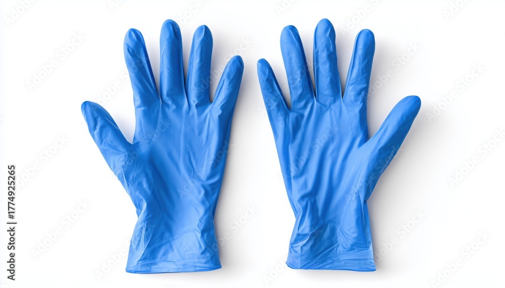 Obraz premium Top View Of A Pair Of Blue Medical Gloves On A White Background. Protective Gear For Medical Professionals. Hygienic And Disposable.
