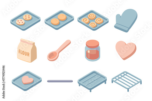 Isometric baking icons featuring cookies, mittens, and kitchen essentials