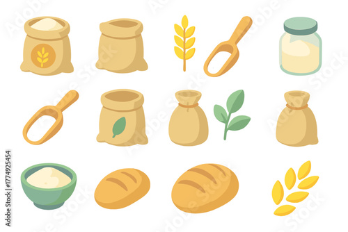 Rustic baking ingredients and sacks collection in flat design