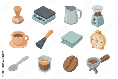 Isometric coffee essentials: tools and ingredients for brewing perfection